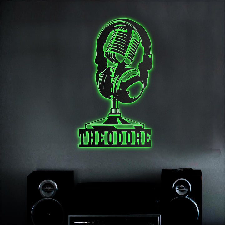 Custom Music Audio Studio Metal Wall Art LED Light Personalized Microphone Headphones Name Sign Home Decor Musical Musician Room Decoration