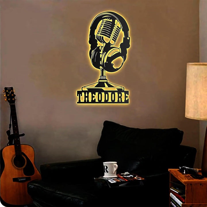 Custom Music Audio Studio Metal Wall Art LED Light Personalized Microphone Headphones Name Sign Home Decor Musical Musician Room Decoration