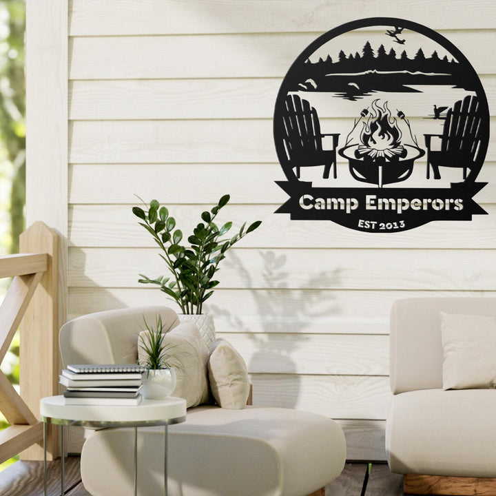 Metal Outdoor Sign | LAKE SCENE | Custom Campfire Sign | Camper Decor | Lake House Sign | Campsite Sign | Personalized Family Name Camping