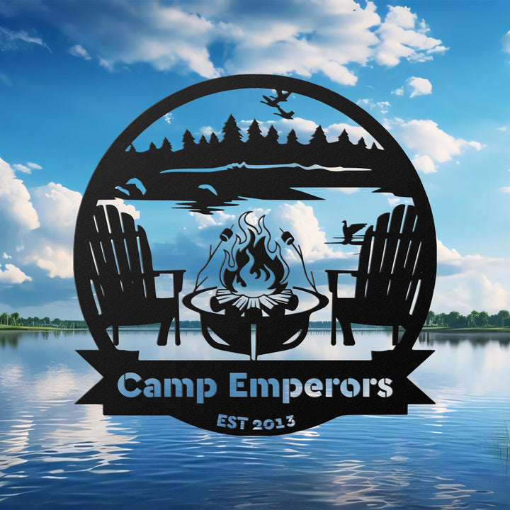 Metal Outdoor Sign | LAKE SCENE | Custom Campfire Sign | Camper Decor | Lake House Sign | Campsite Sign | Personalized Family Name Camping
