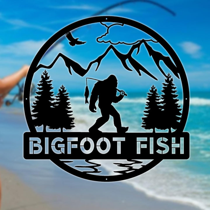 Outdoor Sasquatch Custom Name Metal Sign | Bigfoot Fishing Metal Sign | Metal Sasquatch | Bigfoot Yard Decor | Bigfoot Yard Art | Yeti Sign