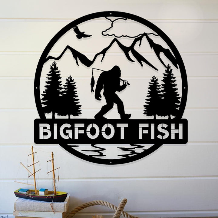Outdoor Sasquatch Custom Name Metal Sign | Bigfoot Fishing Metal Sign | Metal Sasquatch | Bigfoot Yard Decor | Bigfoot Yard Art | Yeti Sign