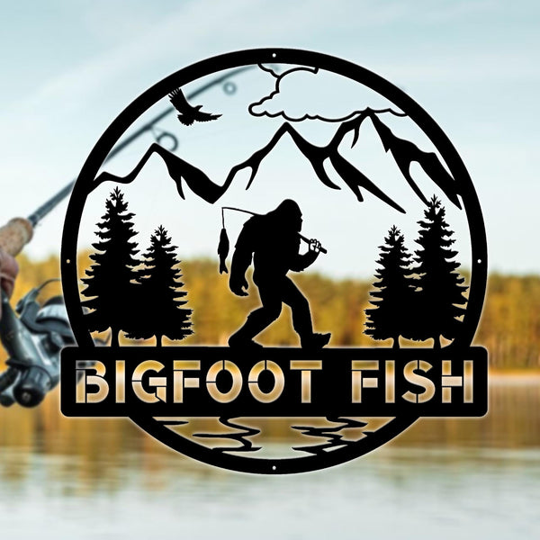 Outdoor Sasquatch Custom Name Metal Sign | Bigfoot Fishing Metal Sign | Metal Sasquatch | Bigfoot Yard Decor | Bigfoot Yard Art | Yeti Sign