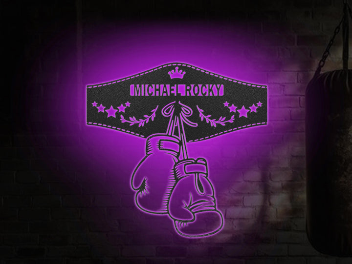 Custom Boxing Gloves Metal Wall Art with LED Light - Personalized King Boxer Belt Name Sign Home Decor - Ideal for Home Decor & Gift