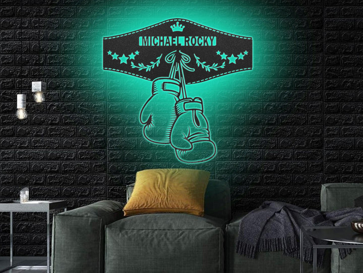Custom Boxing Gloves Metal Wall Art with LED Light - Personalized King Boxer Belt Name Sign Home Decor - Ideal for Home Decor & Gift
