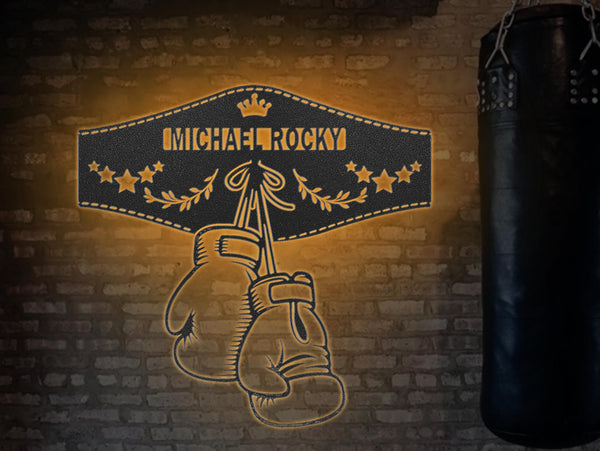 Custom Boxing Gloves Metal Wall Art with LED Light - Personalized King Boxer Belt Name Sign Home Decor - Ideal for Home Decor & Gift