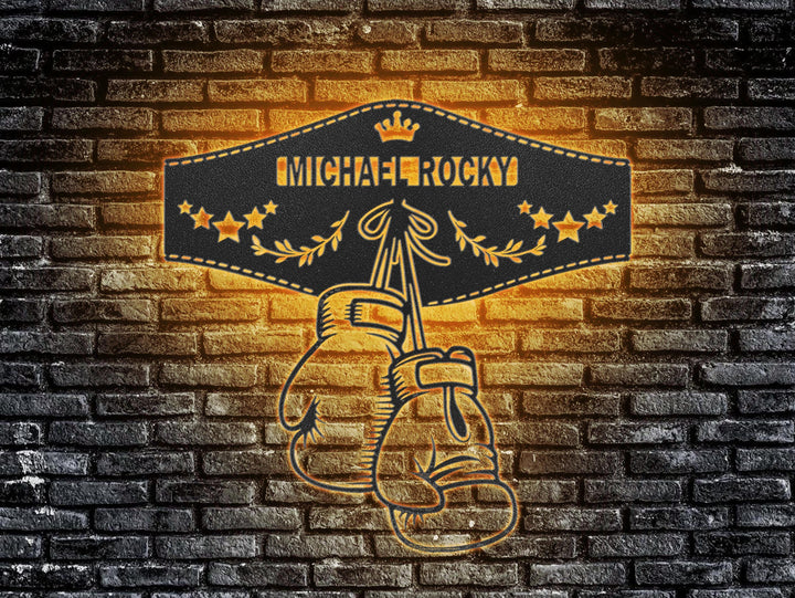 Custom Boxing Gloves Metal Wall Art with LED Light - Personalized King Boxer Belt Name Sign Home Decor - Ideal for Home Decor & Gift