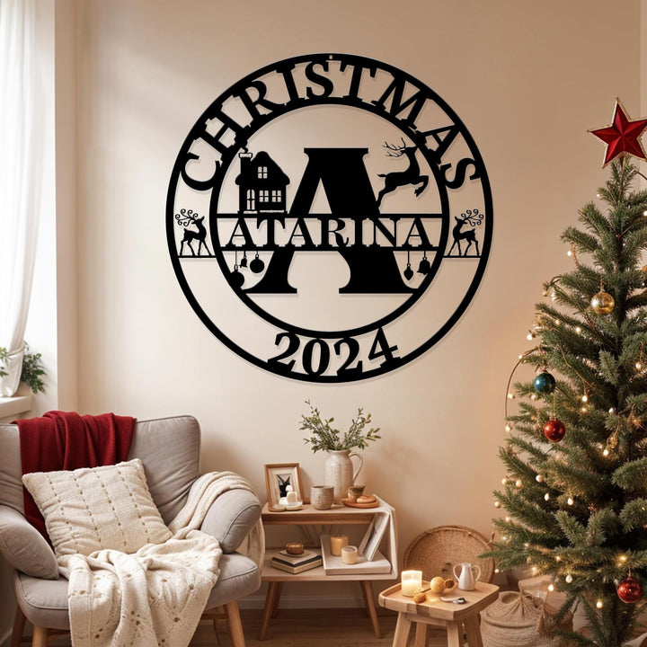 Christmas Monogram Metal Sign, Christmas Name Sign, Personalized Split Letter Last Name, Monogram Wall Sign, Outdoor Door Monogram