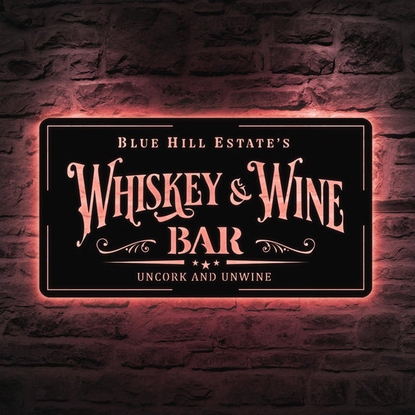 Custom Whiskey & Wine Bar Metal Sign with Led Lights, Wine Bar Pub Metal Wall Art, Personalized Alcohol Drinking Name Sign, Decor Wine Shop