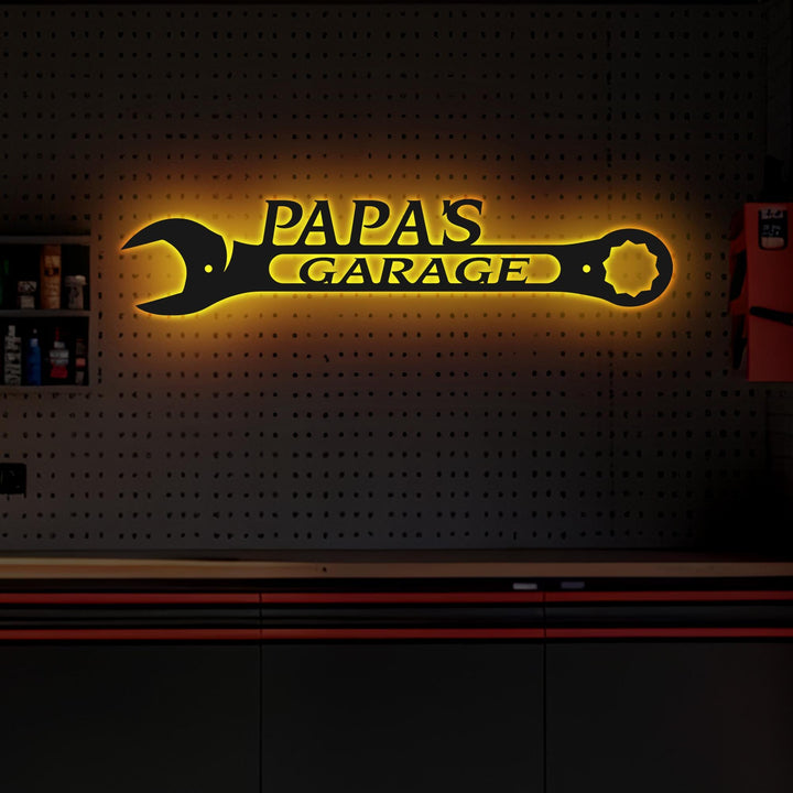 Personalized Metal Garage Sign, Custom Name Garage Decor, Papas Garage Wrench, Dads Garage, Fathers Day Gift, Wrench Sign Christmas Gift