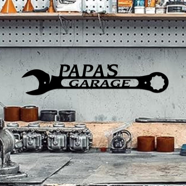 Personalized Metal Garage Sign, Custom Name Garage Decor, Papas Garage Wrench, Dads Garage, Fathers Day Gift, Wrench Sign Christmas Gift