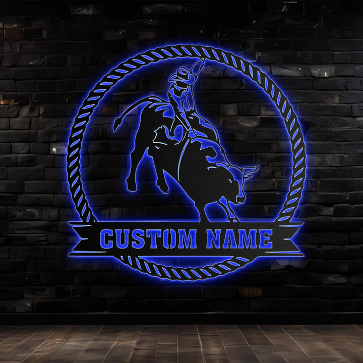 Custom Bull Rider Metal Wall Art LED Light Personalized Rodeo Name Sign Home Decor Cowboy Riding Bull Decoration Birthday Dad Gift