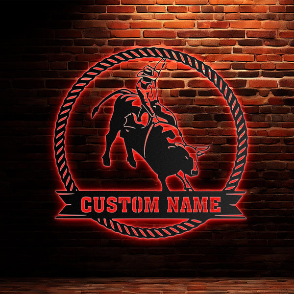 Custom Bull Rider Metal Wall Art LED Light Personalized Rodeo Name Sign Home Decor Cowboy Riding Bull Decoration Birthday Dad Gift