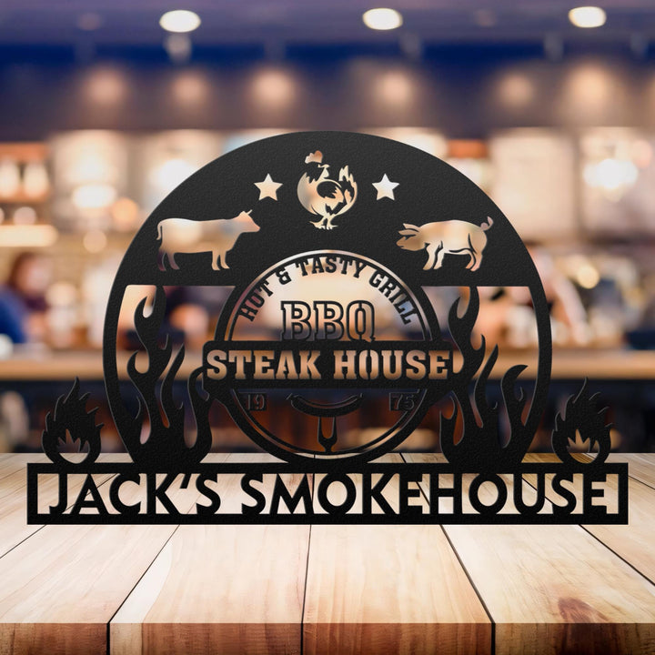 Custom BBQ Metal Sign, Personalized BBQ Name Sign, Smokehouse Metal Sign, Barbecue Metal Sign, Patio Metal Sign, BBQ Decor, Family Gifts