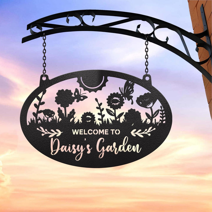 Custom Hanging Garden Metal Sign, Personalized Floral Garden Name Sign, Beautiful Garden Plaque, Outdoor Garden Gift, Gift For Mom
