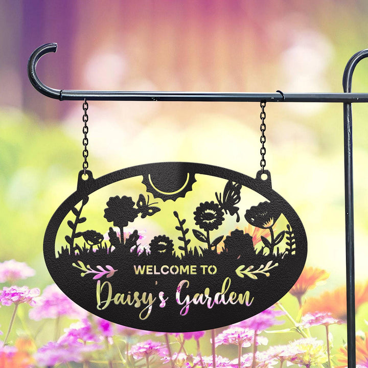 Custom Hanging Garden Metal Sign, Personalized Floral Garden Name Sign, Beautiful Garden Plaque, Outdoor Garden Gift, Gift For Mom