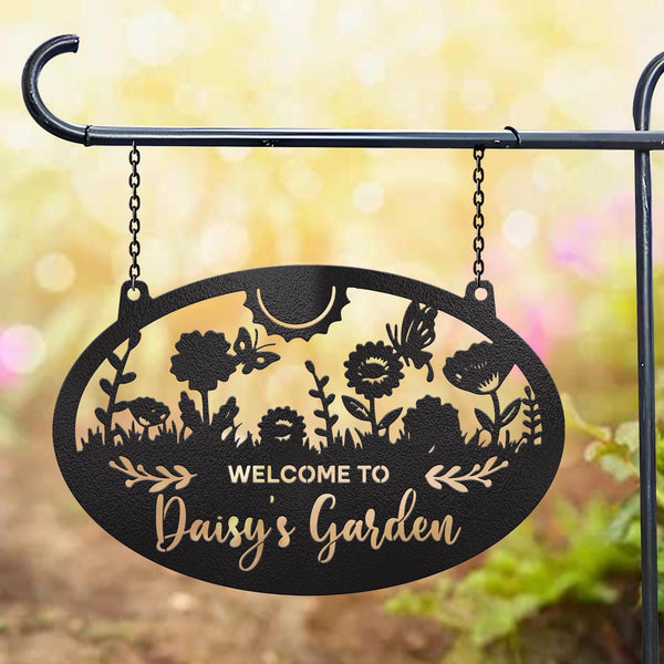 Custom Hanging Garden Metal Sign, Personalized Floral Garden Name Sign, Beautiful Garden Plaque, Outdoor Garden Gift, Gift For Mom