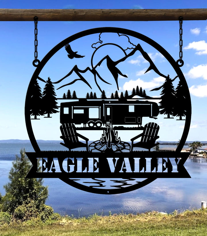 Custom Fifth Wheel Camper RV Sign | Metal Outdoor Camping Sign | Family Camp Sign | Mountain Camping | Sign for Campers Custom Campsite Sign