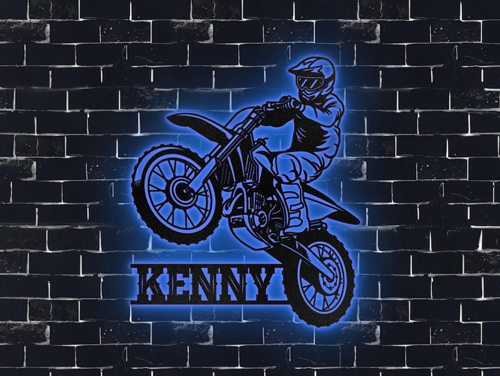 Custom Motocross Biker Metal Wall Art LED Lights Personalized Dirt Bike Name Sign Home Motorcycle Decor Rider Decoration Man Cave Christmas