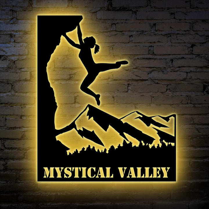 Custom Rock Climbing Metal Wall Art LED Light Personalized Rock Climber Name Sign Home Decor Mountain Climbing Man Cave Decoration Birthday