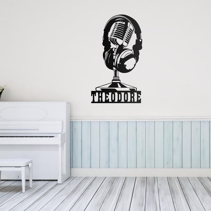 Custom Music Audio Studio Metal Wall Art LED Light Personalized Microphone Headphones Name Sign Home Decor Musical Musician Room Decoration