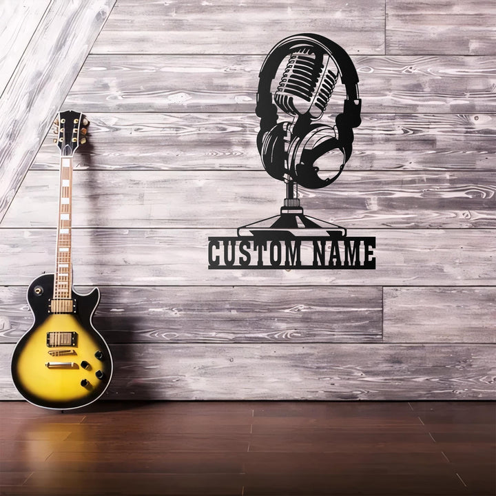 Custom Music Audio Studio Metal Wall Art LED Light Personalized Microphone Headphones Name Sign Home Decor Musical Musician Room Decoration