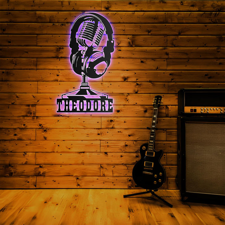 Custom Music Audio Studio Metal Wall Art LED Light Personalized Microphone Headphones Name Sign Home Decor Musical Musician Room Decoration
