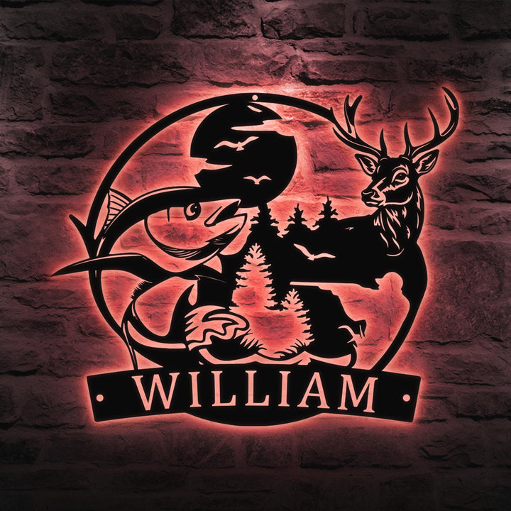 Custom Deer And Fishing Metal Wall Art LED Light Personalized Hunter Name Sign Home Decor Antler Hunting Cabin Decoration Housewarming Xmas