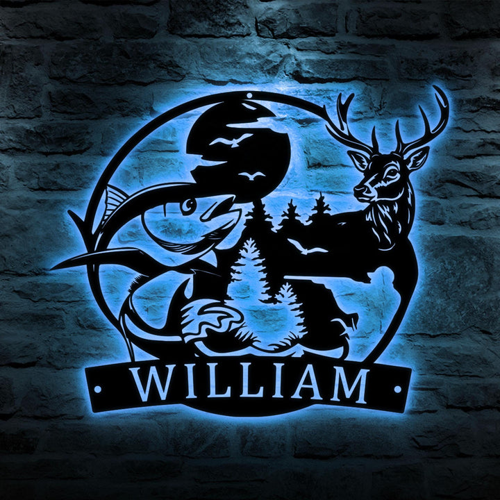 Custom Deer And Fishing Metal Wall Art LED Light Personalized Hunter Name Sign Home Decor Antler Hunting Cabin Decoration Housewarming Xmas
