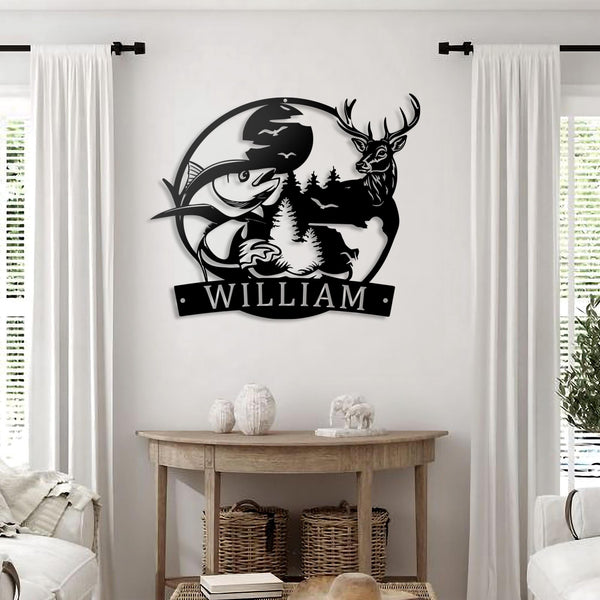 Custom Deer And Fishing Metal Wall Art LED Light Personalized Hunter Name Sign Home Decor Antler Hunting Cabin Decoration Housewarming Xmas