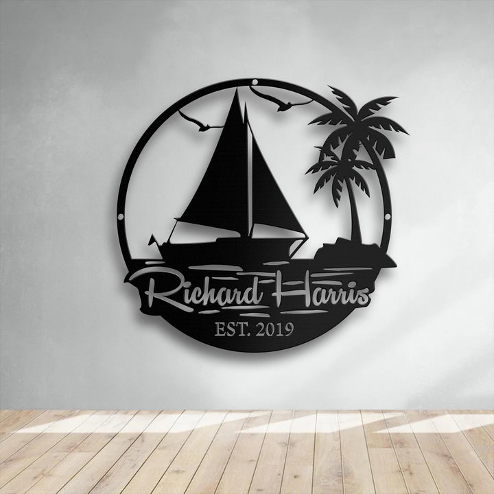 Custom Sailing Metal Sign, Sailing Ship Metal Wall Art LED Light, Sailboat Name Sign Home Decor Sailing Boat Decoration, Beach House