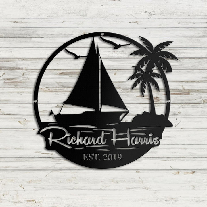 Custom Sailing Metal Sign, Sailing Ship Metal Wall Art LED Light, Sailboat Name Sign Home Decor Sailing Boat Decoration, Beach House