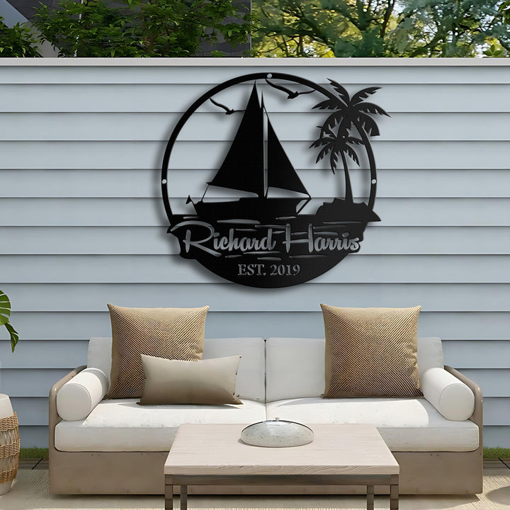 Custom Sailing Metal Sign, Sailing Ship Metal Wall Art LED Light, Sailboat Name Sign Home Decor Sailing Boat Decoration, Beach House