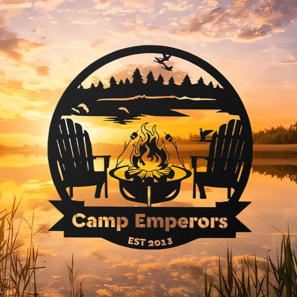 Metal Outdoor Sign | LAKE SCENE | Custom Campfire Sign | Camper Decor | Lake House Sign | Campsite Sign | Personalized Family Name Camping