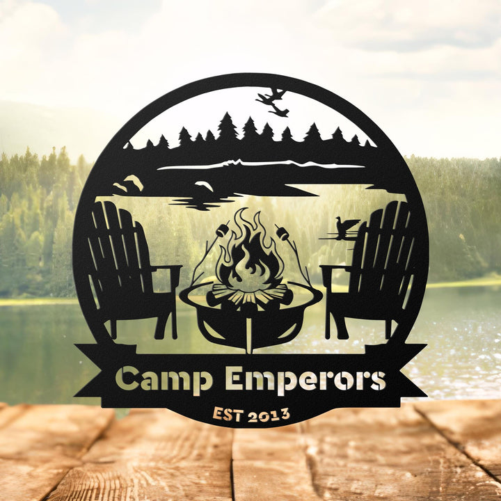 Metal Outdoor Sign | LAKE SCENE | Custom Campfire Sign | Camper Decor | Lake House Sign | Campsite Sign | Personalized Family Name Camping