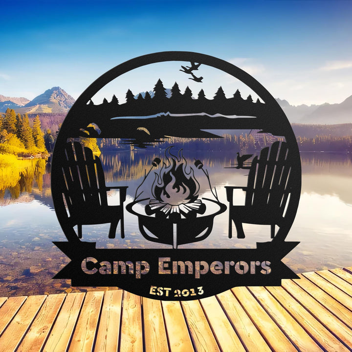 Metal Outdoor Sign | LAKE SCENE | Custom Campfire Sign | Camper Decor | Lake House Sign | Campsite Sign | Personalized Family Name Camping