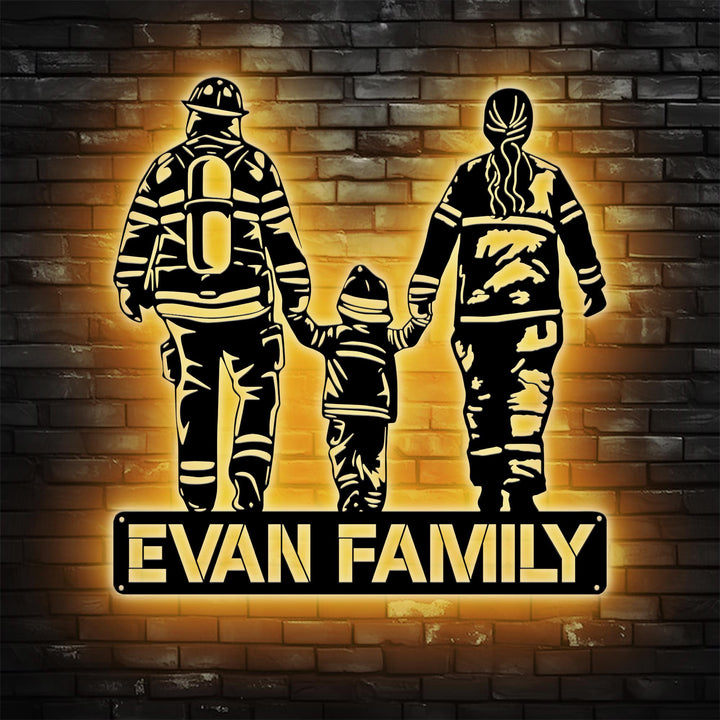 Custom Family Firefighter Metal Wall Art, LED Light Personalized Fireman Name Sign Home Decor, Fire Department Decoration Family Gifs