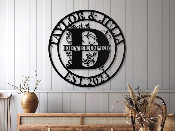 Custom Last Name Sign, Personalized Metal Wall Art, Custom Family Name Sign, Metal Initial Door Hanger, Wedding Gift, Established Leafy Sign