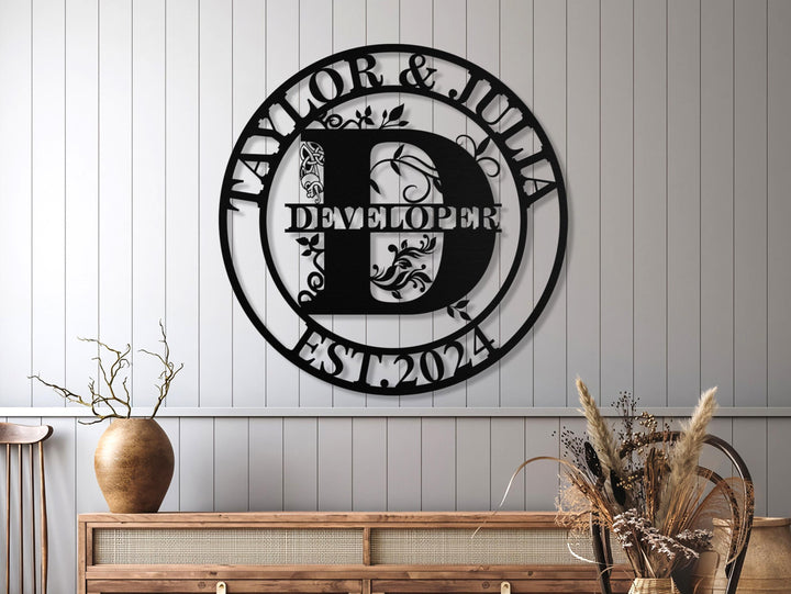 Custom Last Name Sign, Personalized Metal Wall Art, Custom Family Name Sign, Metal Initial Door Hanger, Wedding Gift, Established Leafy Sign