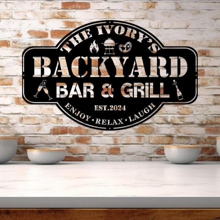 Personalized Metal Family Backyard Bar and Grill Sign, Pool and Bar, Tiki Bar, Bar and Grill, Pool Oasis, Personalized Sign for Backyard