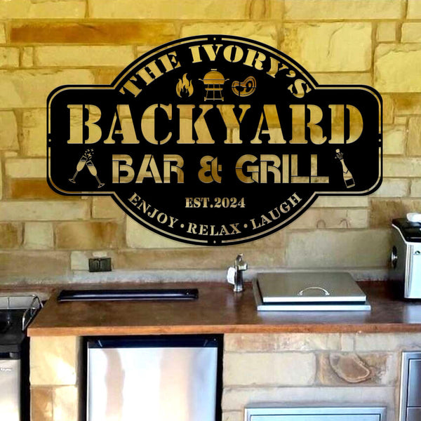 Personalized Metal Family Backyard Bar and Grill Sign, Pool and Bar, Tiki Bar, Bar and Grill, Pool Oasis, Personalized Sign for Backyard