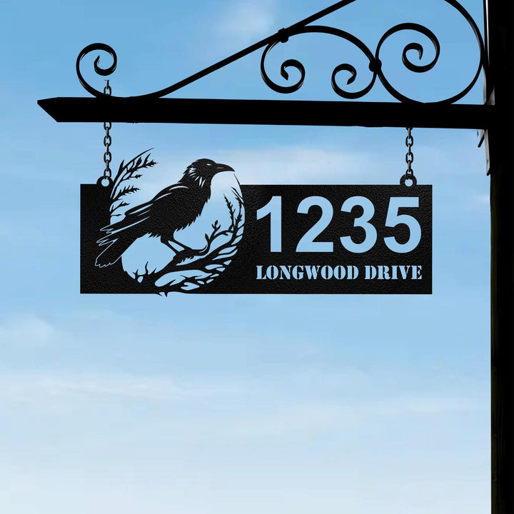 Personalized Crow Raven Metal Address Sign House Number, Custom Hanging Address Plaque, Yard Sign, Outdoor Decor, Entrance Welcome Sign