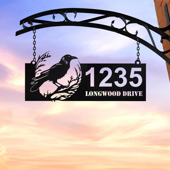 Personalized Crow Raven Metal Address Sign House Number, Custom Hanging Address Plaque, Yard Sign, Outdoor Decor, Entrance Welcome Sign