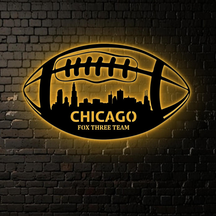 Custom US State Skyline American Football Metal Wall Art LED Light Personalized Player Name Sign Home Decor Kid Nursery Decoration Birthday.