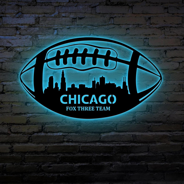 Custom US State Skyline American Football Metal Wall Art LED Light Personalized Player Name Sign Home Decor Kid Nursery Decoration Birthday.