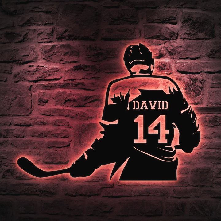 Custom Ice Hockey Metal Wall Art LED Light, Personalized Player Stick Sign Home Decor, Kid Boy Girl Lover Nursery Decoration, Christmas Gift