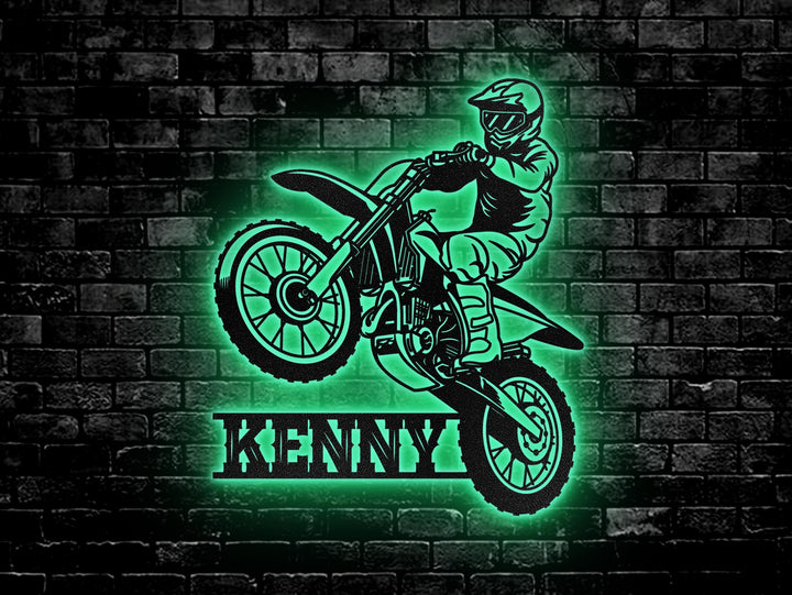 Custom Motocross Biker Metal Wall Art LED Lights Personalized Dirt Bike Name Sign Home Motorcycle Decor Rider Decoration Man Cave Christmas