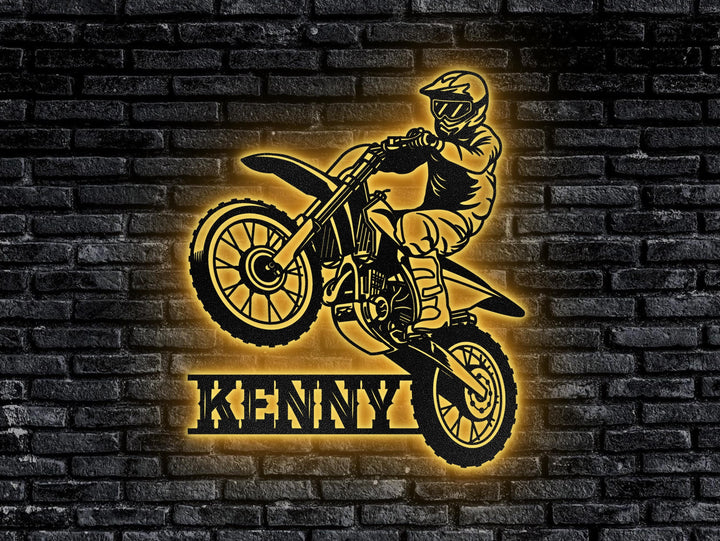 Custom Motocross Biker Metal Wall Art LED Lights Personalized Dirt Bike Name Sign Home Motorcycle Decor Rider Decoration Man Cave Christmas