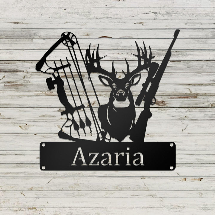Custom Deer Hunter Metal Sign, Personalized Bow and Hunting Rifle Sign, Deer Hunting Wall Hanging, Cabin Sign, Xmas Hunter Gift, Home Decor