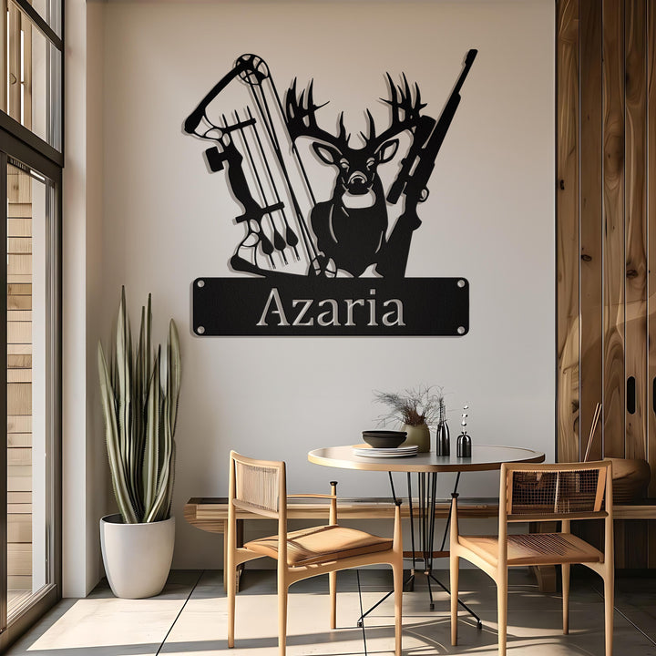 Custom Deer Hunter Metal Sign, Personalized Bow and Hunting Rifle Sign, Deer Hunting Wall Hanging, Cabin Sign, Xmas Hunter Gift, Home Decor